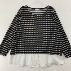 Calvin Klein Top size 2X Black White Striped Mixed Media Preppy Office Popover